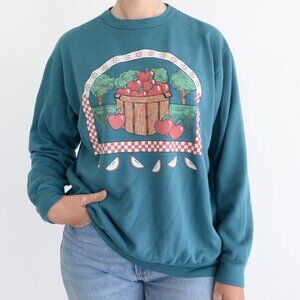 Vintage Blair Teal Apple Orchard Festive Harvest Crewneck Sweater L